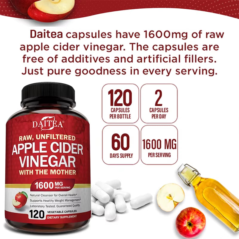 Daitea Raw Organic Apple Cider Vinegar - Gut Health, Digestion, Detox & Cleanse, Immune Supplement, Natural Vegetarian Capsules